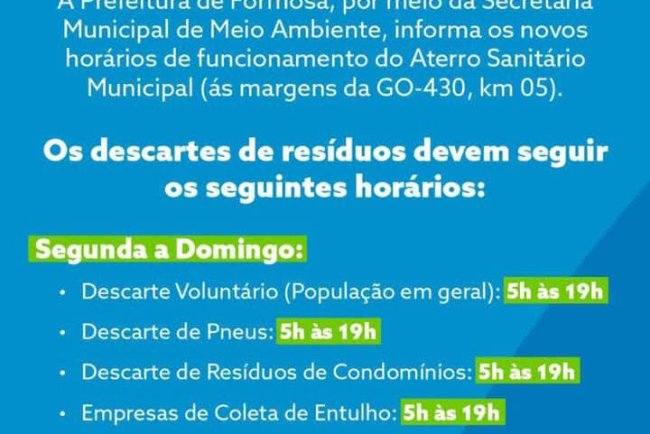 Após matéria do Site Formosa Em Alerta,gerar repercussão sobre a mudança repentina de horários para descartes de entulhos, Administração volta atrás e mantém funcionamento de lixão em finais de semana.