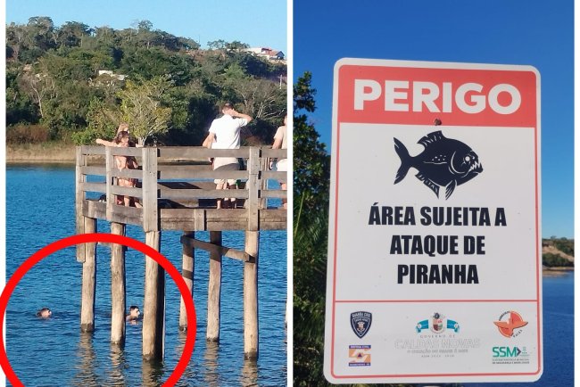 Mesmo com risco de ataque de Piranhas, banhistas entram em lago de Caldas Novas.