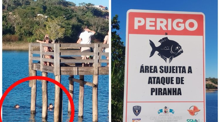 Mesmo com risco de ataque de Piranhas, banhistas entram em lago de Caldas Novas.