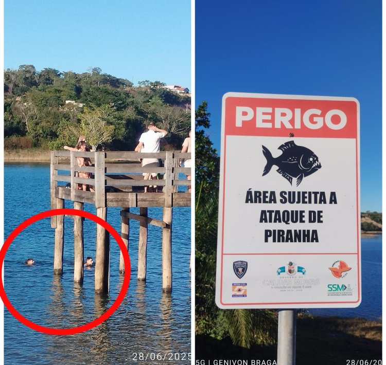 Mesmo com risco de ataque de Piranhas, banhistas entram em lago de Caldas Novas.