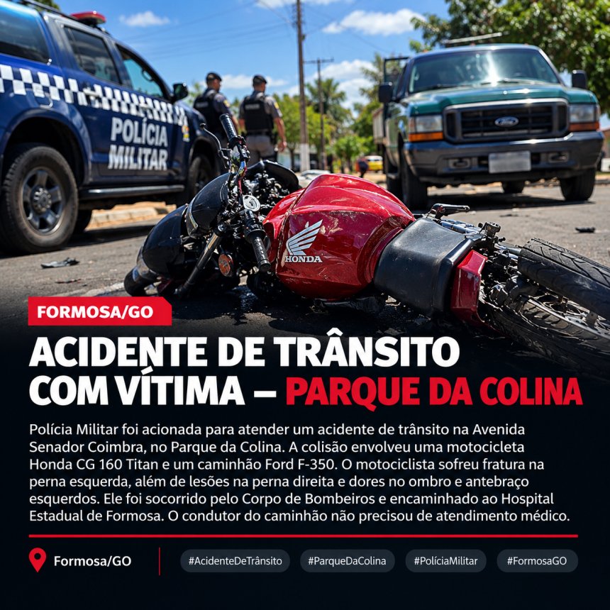 MOTOCICLISTA SOFRE FRATURA NA PERNA EM COLISÃO COM CAMINHÃO NO PARQUE DA COLINA, EM FORMOSA